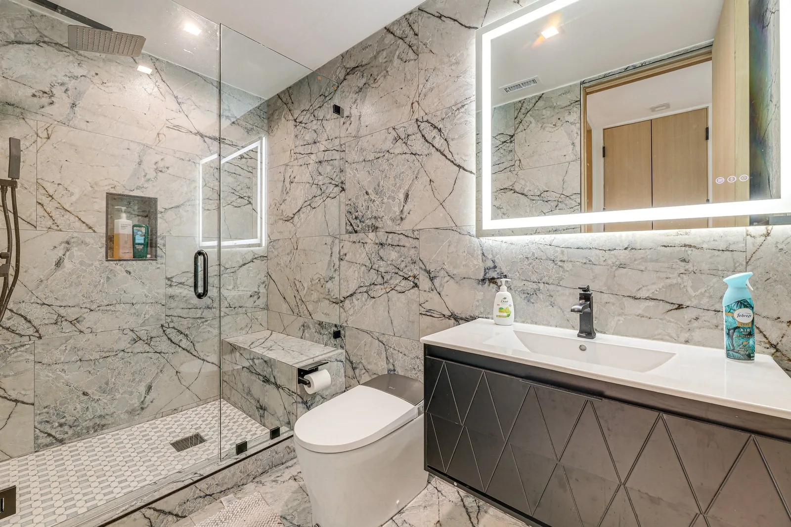 Gray marble bath with graphite vanity
