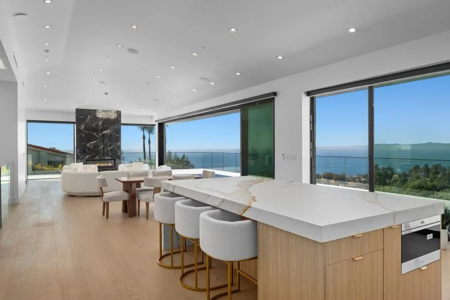 Ocean-view great room and island