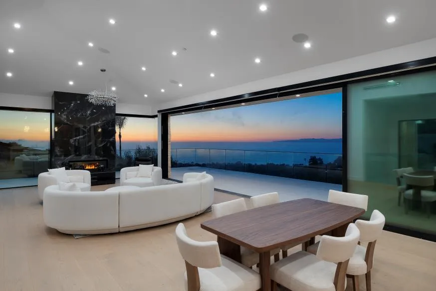 Sunset great room with marble fireplace
