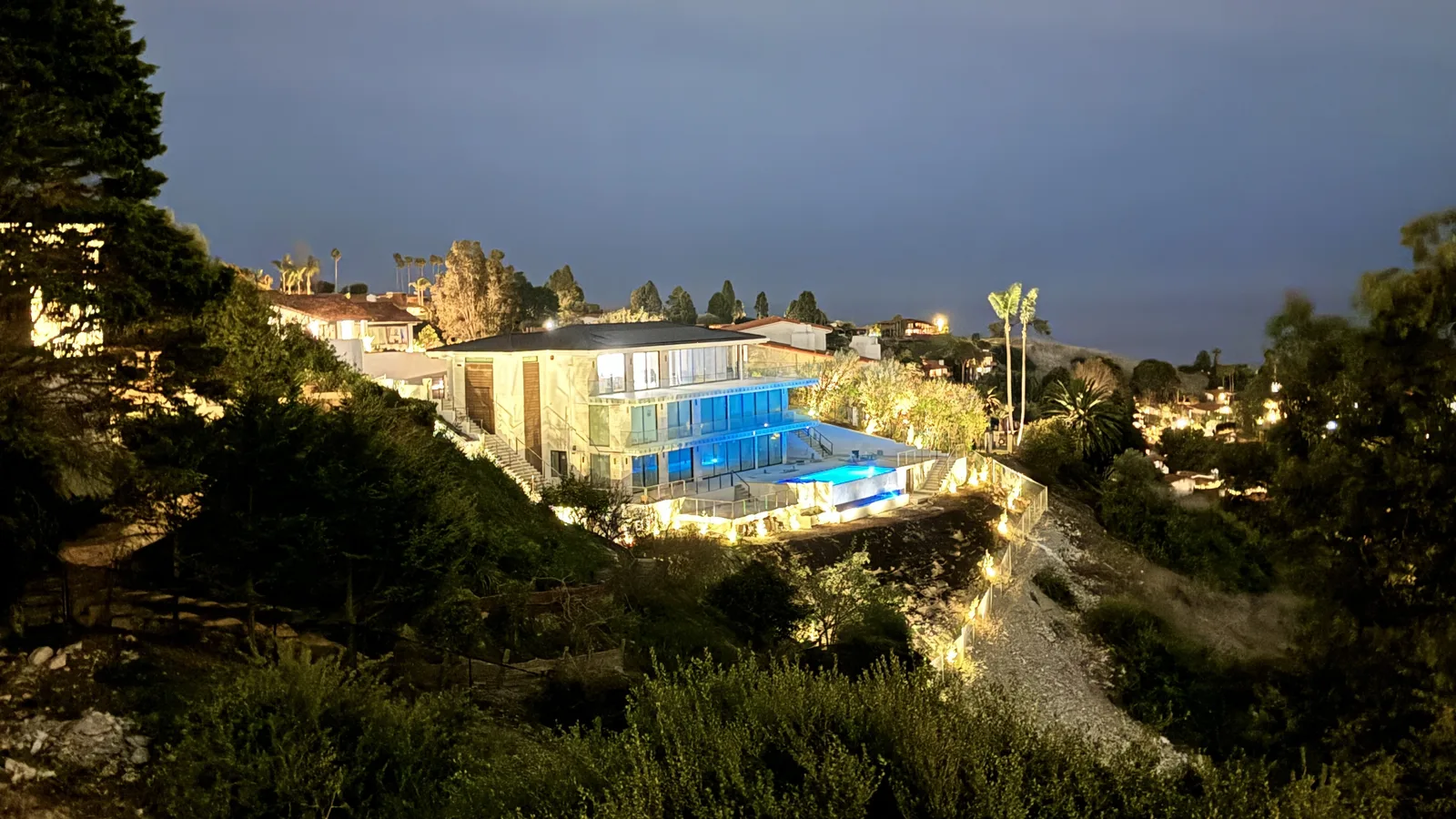 Hillside new build at dusk