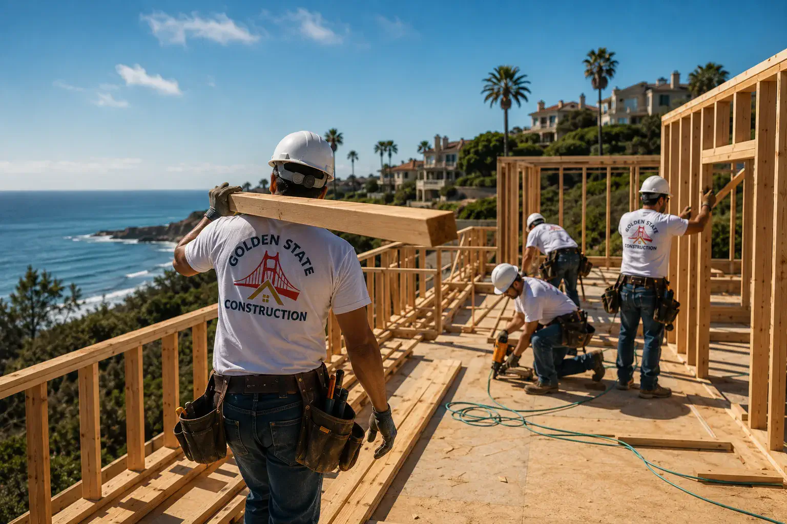 The Golden State Construction crew framing a home above the Pacific